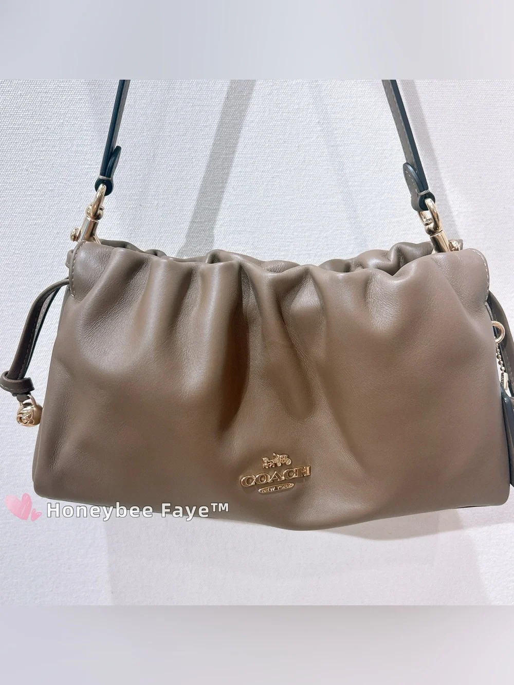 COACH Brown Ruched Leather Shoulder Bag with Gold-Tone Logo cv529 dark stone